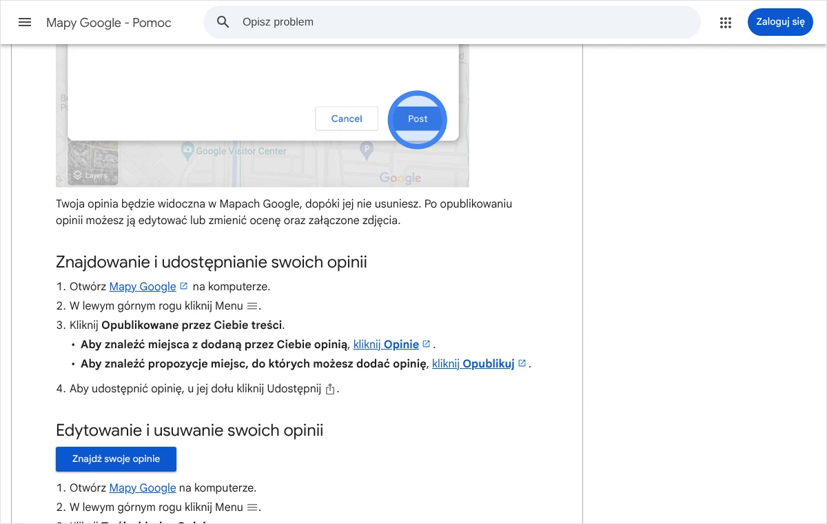 Strona pomocy Map Google z sekcją „Znajdowanie i udostępnianie swoich opinii” i krokami prowadzącymi przez menu do listy własnych opinii