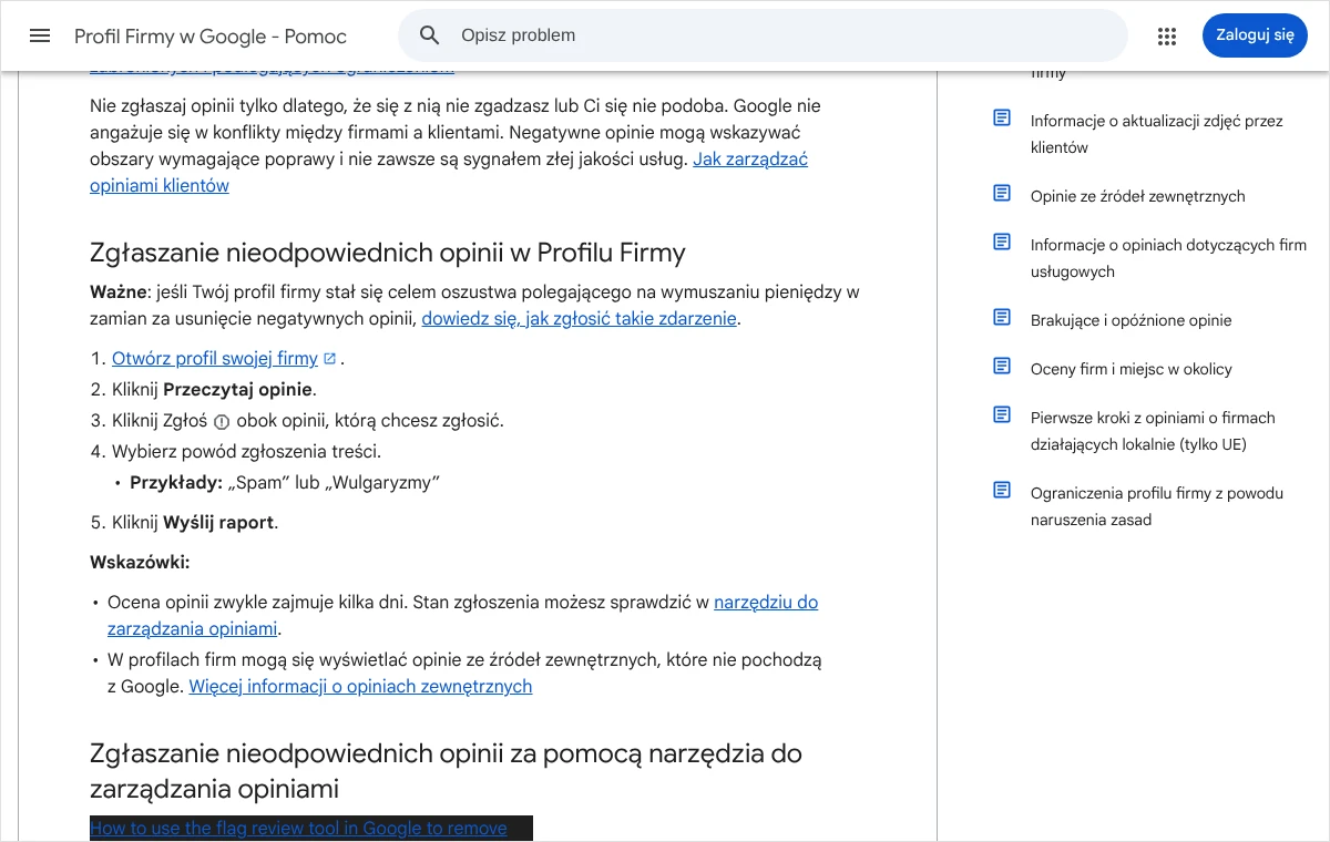 Strona pomocy Profilu Firmy w Google z krokami zgłaszania opinii i wskazówką, że stan zgłoszenia sprawdza się w narzędziu do zarządzania opiniami
