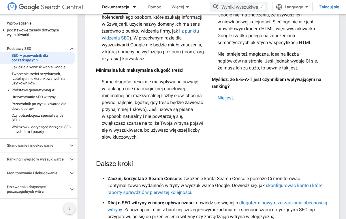 Fragment dokumentacji Google z punktem Minimalna lub maksymalna długość treści i zdaniem, że sama długość nie wpływa na pozycję w rankingu