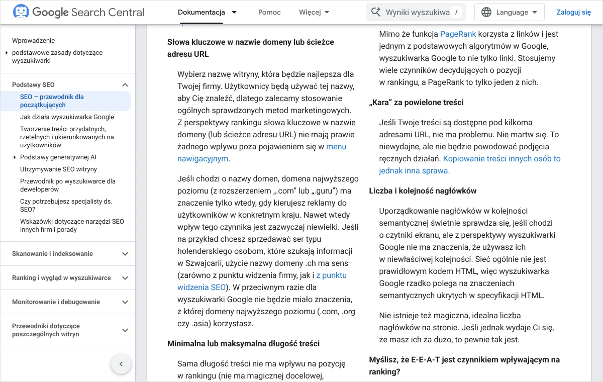 Zrzut dokumentacji Google Search Central z akapitem „Liczba i kolejność nagłówków” w części o sprawach, na których nie warto się skupiać.