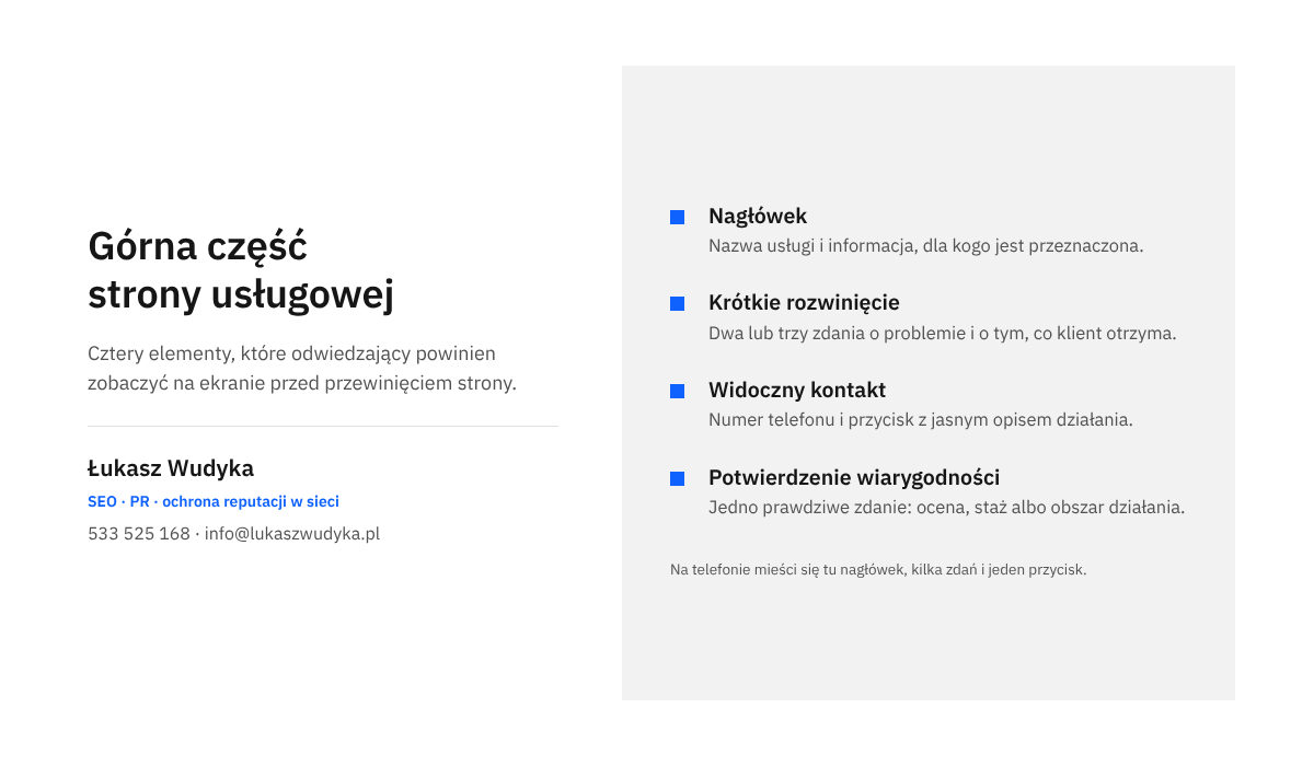 Górna część strony usługowej: nagłówek z nazwą usługi, krótkie rozwinięcie, widoczny kontakt i jedno potwierdzenie wiarygodności.