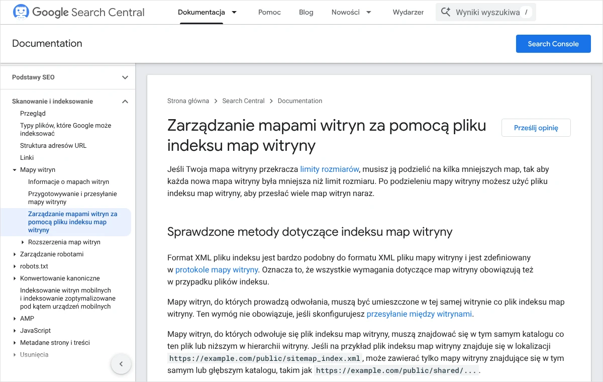 Zrzut dokumentacji Google Search Central o pliku indeksu map witryny z wymaganiami co do położenia map składowych.