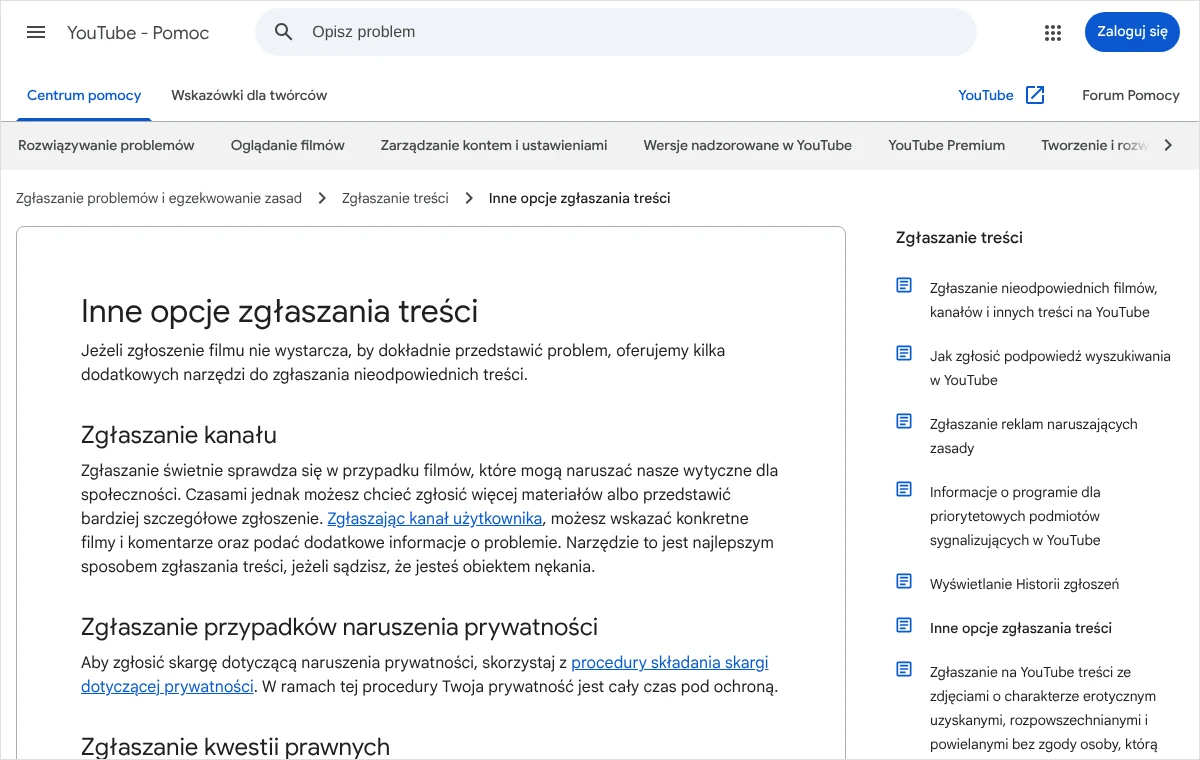 Strona pomocy YouTube „Inne opcje zgłaszania treści” z opisem zgłaszania kanału jako narzędzia dla osób, które są obiektem nękania.