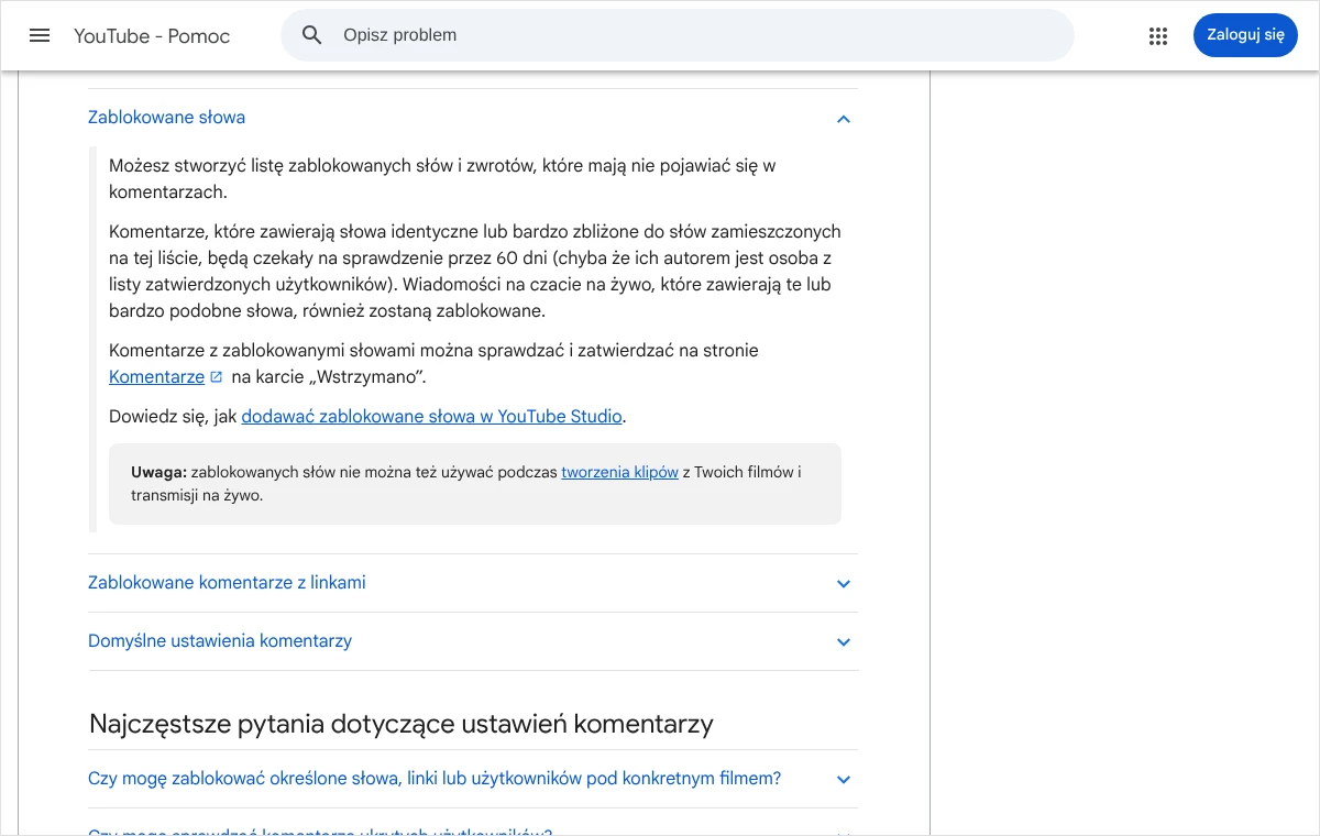 Fragment pomocy YouTube z sekcją Zablokowane słowa: komentarze ze słowami z listy czekają na sprawdzenie na karcie Wstrzymano