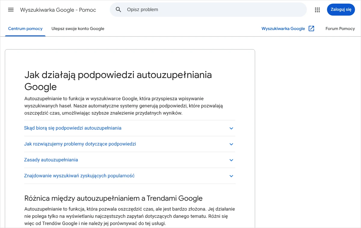 Strona pomocy wyszukiwarki Google z artykułem o działaniu podpowiedzi autouzupełniania i sekcją o różnicy między autouzupełnianiem a Trendami Google