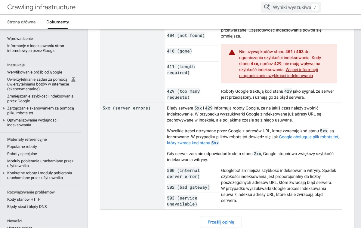 Fragment dokumentacji Google z tabelą kodów stanu HTTP, w której opisano reakcję robotów na błędy serwera 5xx, w tym na kod 503
