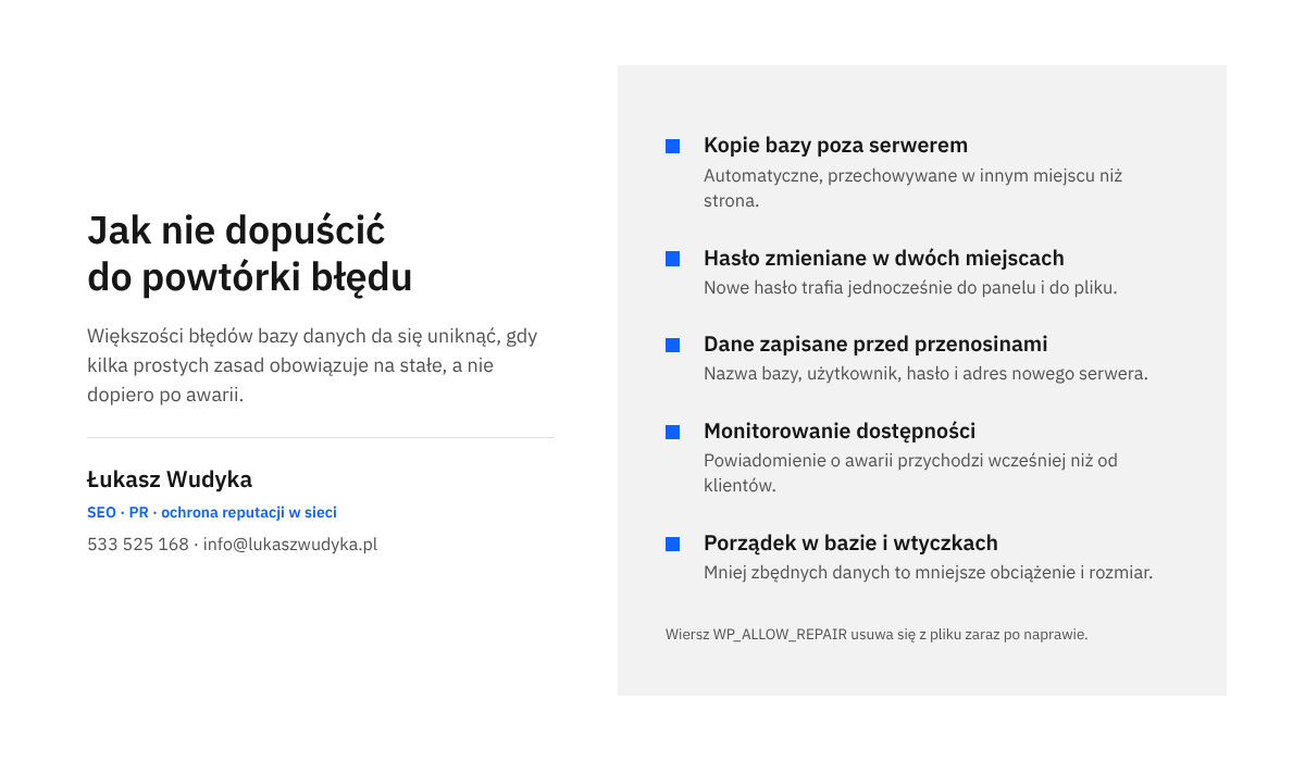 Infografika z listą zasad, które ograniczają ryzyko błędu łączenia się z bazą danych w WordPressie: kopie, hasło, monitoring, porządek w bazie.