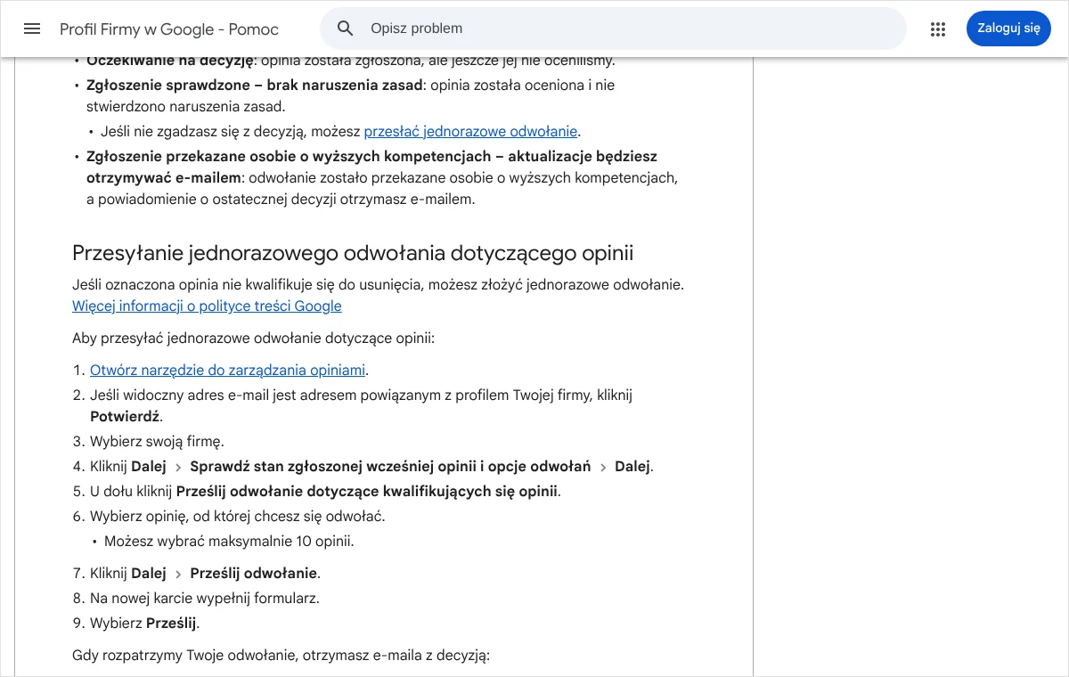 Strona pomocy Profilu Firmy w Google z dziewięcioma czynnościami przesyłania jednorazowego odwołania dotyczącego opinii i limitem 10 opinii