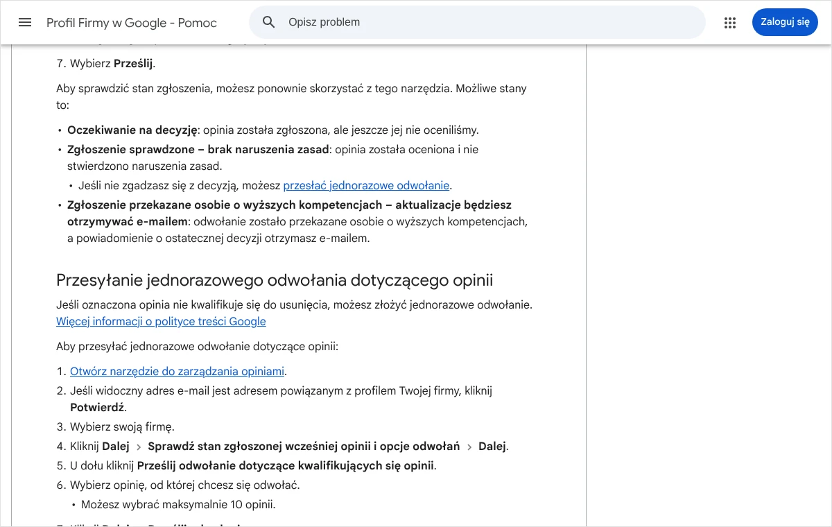 Strona pomocy Profilu Firmy w Google z listą stanów zgłoszenia oraz kolejnymi krokami przesyłania jednorazowego odwołania dotyczącego opinii