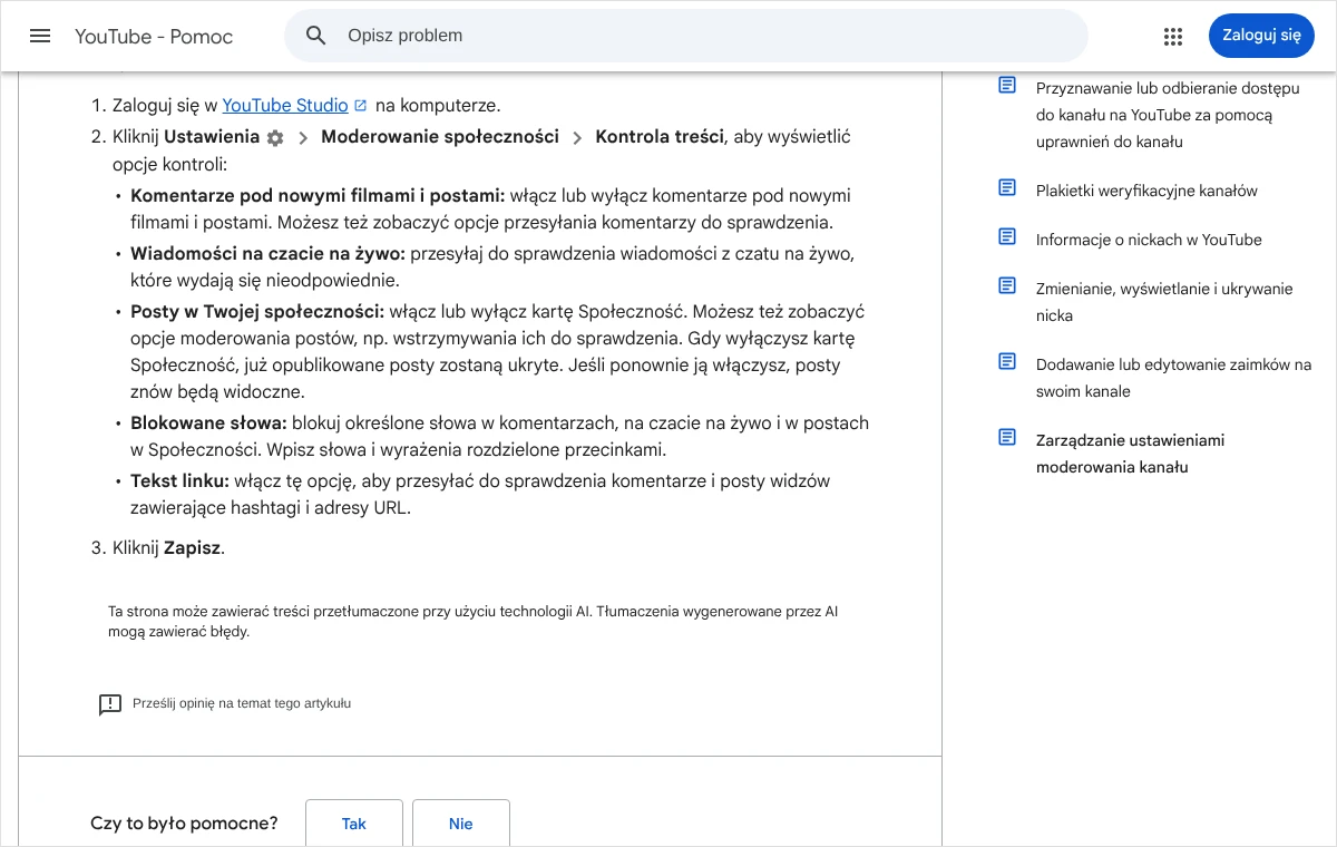 Fragment pomocy YouTube ze ścieżką Ustawienia, Moderowanie społeczności, Kontrola treści i opisem pola Blokowane słowa