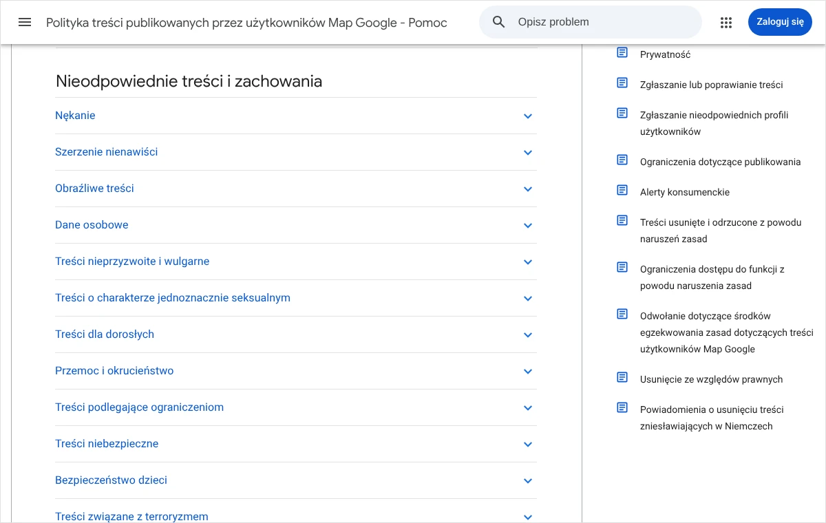Strona pomocy Google z listą kategorii w części Nieodpowiednie treści i zachowania, między innymi Nękanie, Obraźliwe treści oraz Treści nieprzyzwoite i wulgarne