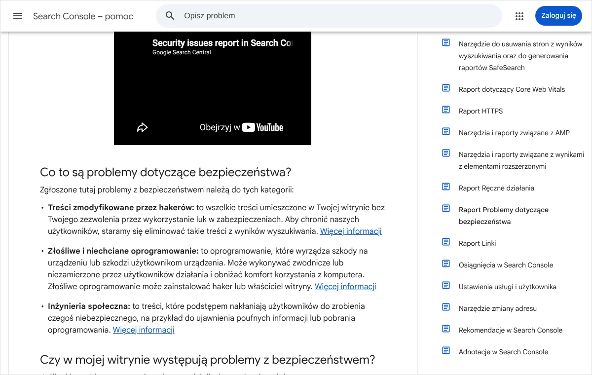 Fragment pomocy Search Console o raporcie Problemy dotyczące bezpieczeństwa z opisem trzech kategorii problemów wykrywanych w witrynie.