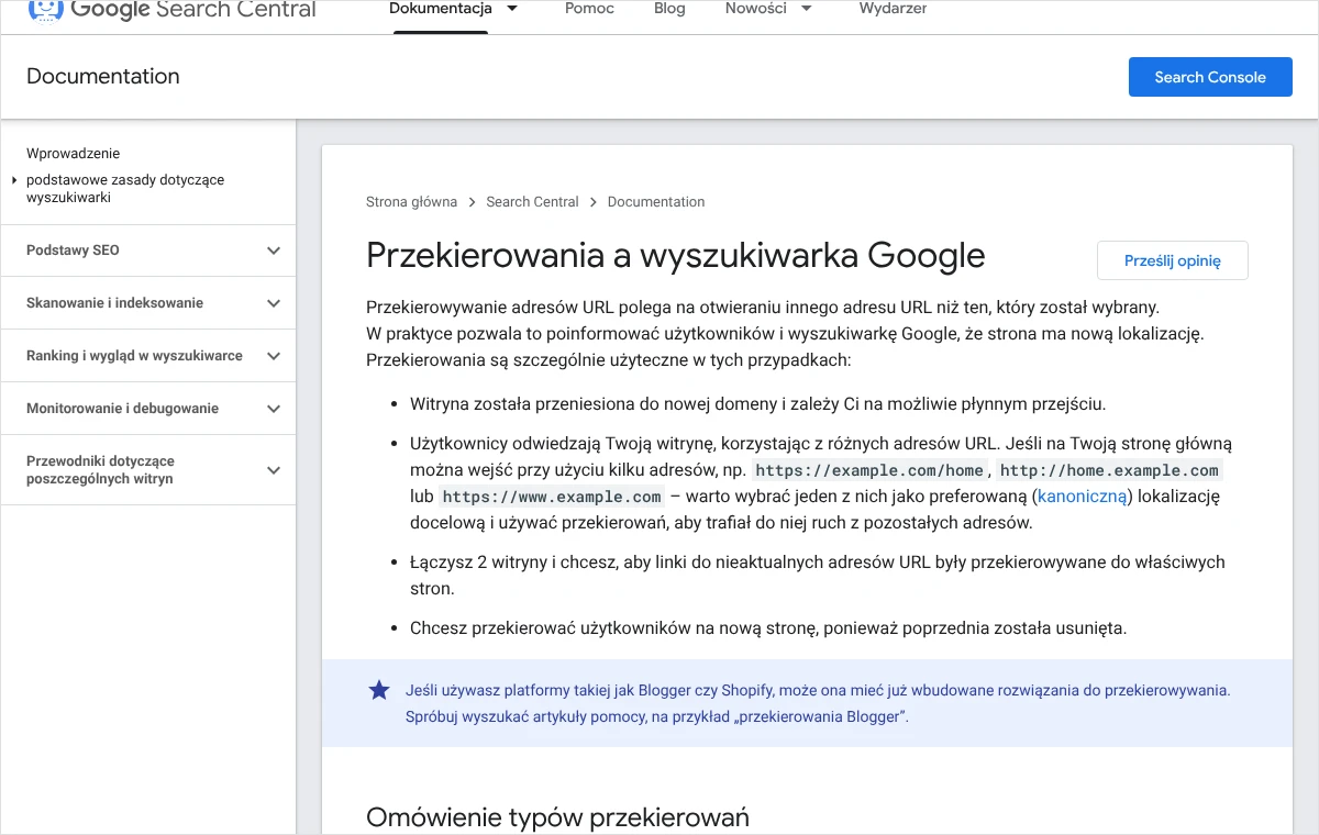 Zrzut dokumentacji Google o przekierowaniach z listą sytuacji, w których są przydatne: nowa domena, kilka adresów tej samej strony, łączenie witryn, usunięta strona.