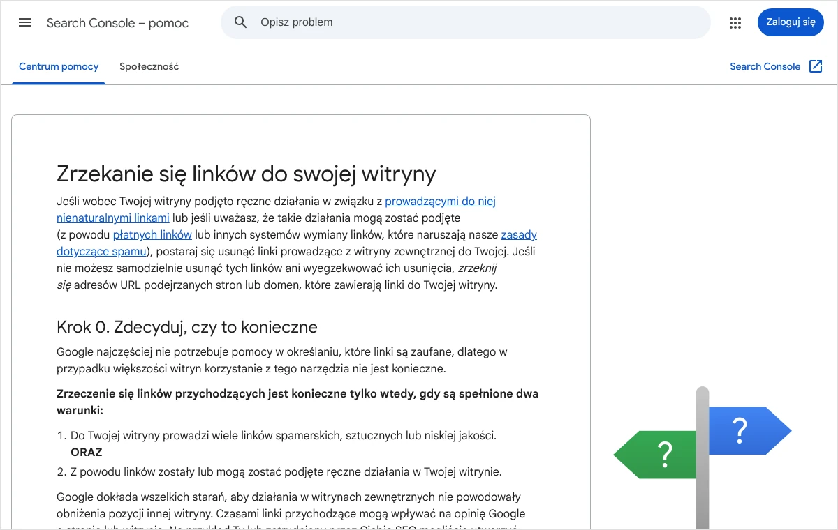 Fragment pomocy Search Console o zrzekaniu się linków z częścią Krok 0 i dwoma warunkami, które muszą być spełnione jednocześnie