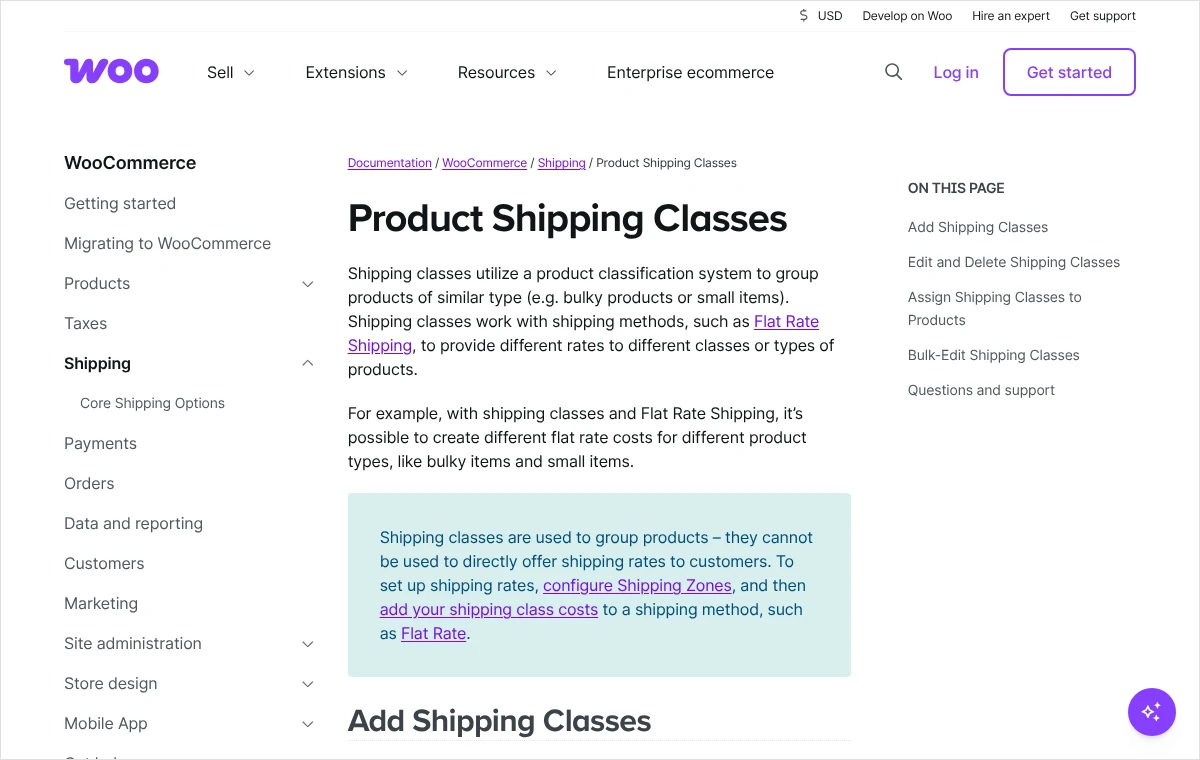 Zrzut dokumentacji WooCommerce o klasach wysyłkowych produktów z wyróżnioną uwagą, że klasy tylko grupują produkty i wymagają kosztu w metodzie wysyłki.