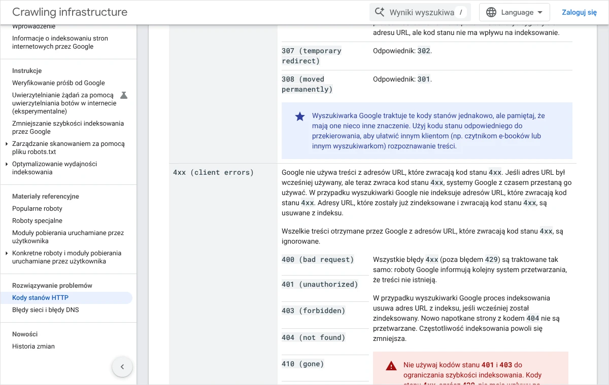 Fragment dokumentacji Google z tabelą kodów stanu HTTP: wiersz 4xx z kodami 404 i 410 oraz opisem usuwania adresów z indeksu