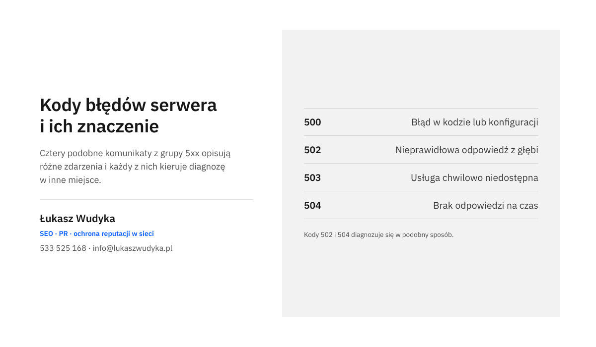 Infografika z zestawieniem kodów błędów 500, 502, 503 i 504 oraz krótkim wyjaśnieniem, co każdy z nich oznacza dla witryny
