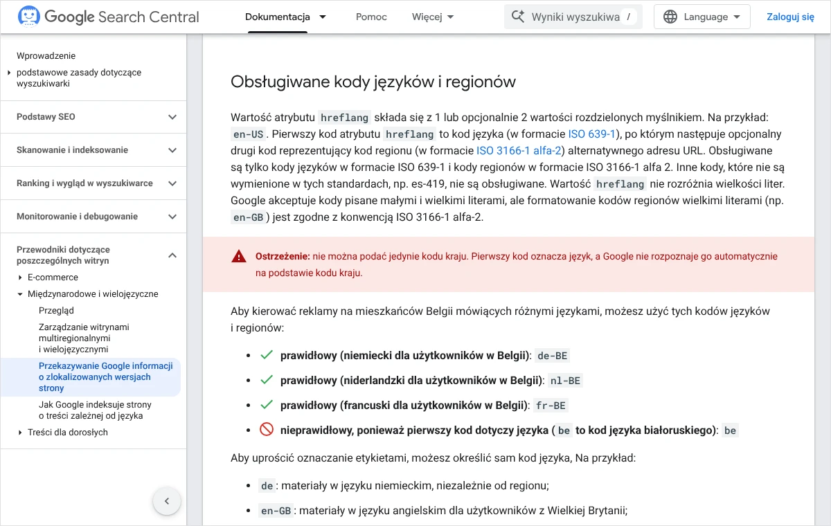 Fragment dokumentacji Google o obsługiwanych kodach języków i regionów z ostrzeżeniem, że nie można podać samego kodu kraju