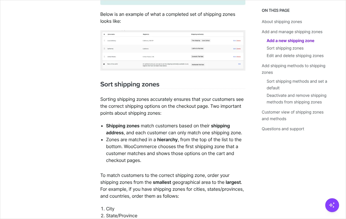 Zrzut dokumentacji WooCommerce z przykładową listą stref wysyłki i sekcją o sortowaniu stref od najmniejszego obszaru do największego.