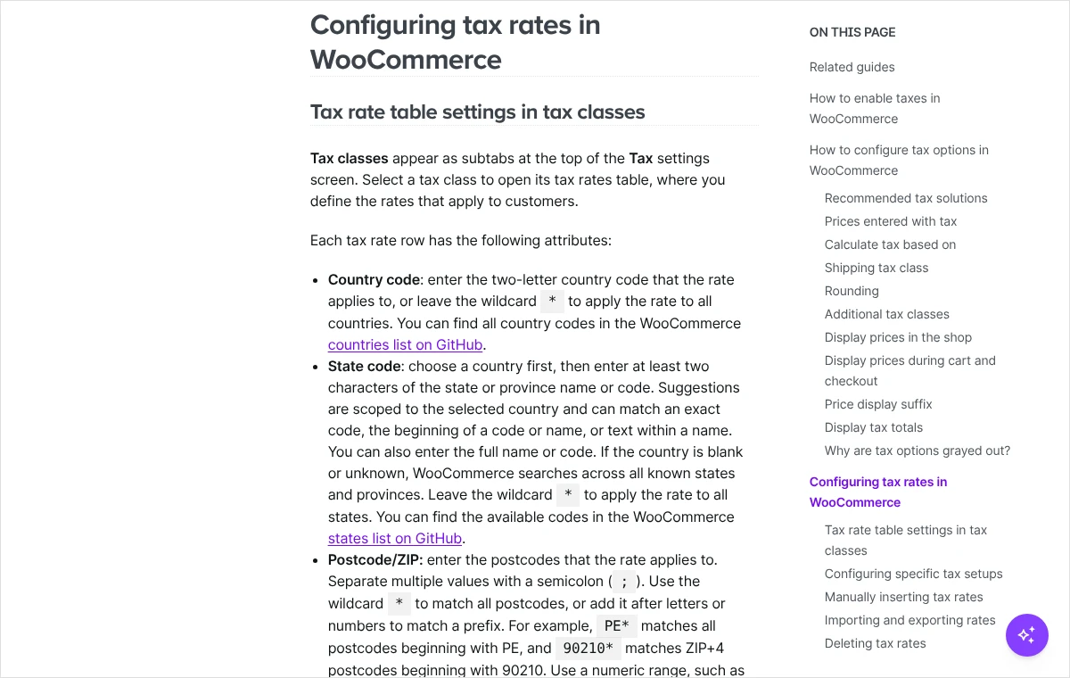 Fragment dokumentacji WooCommerce opisujący kolumny tabeli stawek: kod kraju, kod regionu i kod pocztowy wraz ze znaczeniem gwiazdki