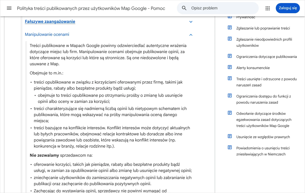 Strona pomocy Google z rozwiniętą zasadą Manipulowanie ocenami i punktem o treściach bazujących na konflikcie interesów aktualnych lub byłych pracowników