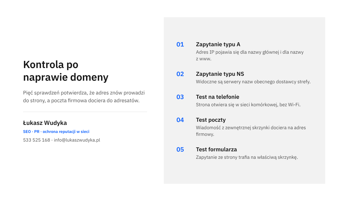 Pięć kolejnych czynności kontrolnych po naprawie domeny: zapytanie o rekord A, o serwery nazw, test na telefonie, test poczty i formularza