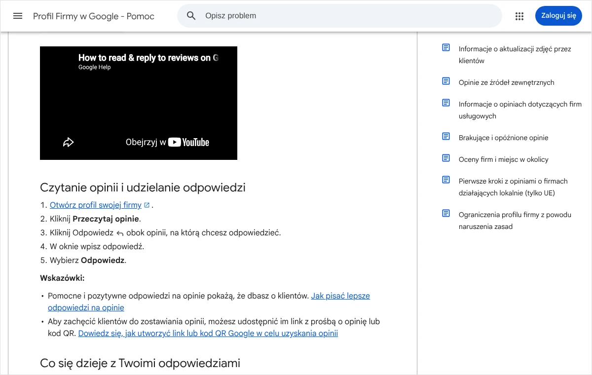 Zrzut strony pomocy Profilu Firmy w Google z sekcją „Czytanie opinii i udzielanie odpowiedzi” i pięcioma krokami dodania odpowiedzi.