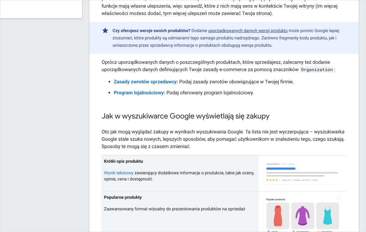 Zrzut dokumentacji Centrum wyszukiwarki Google z sekcją o wyglądzie zakupów w wynikach: krótki opis produktu z ocenami, opiniami, ceną i dostępnością.