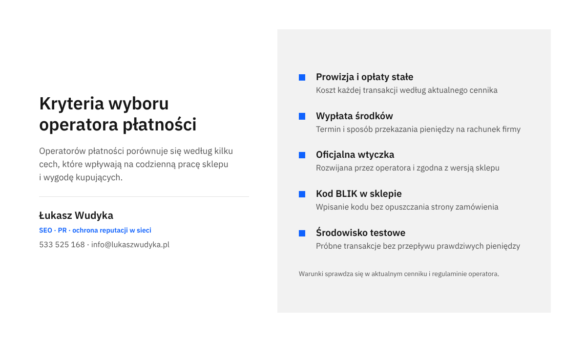 Infografika z pięcioma kryteriami wyboru operatora płatności do sklepu WooCommerce: prowizja, wypłaty, wtyczka, BLIK w sklepie i testy