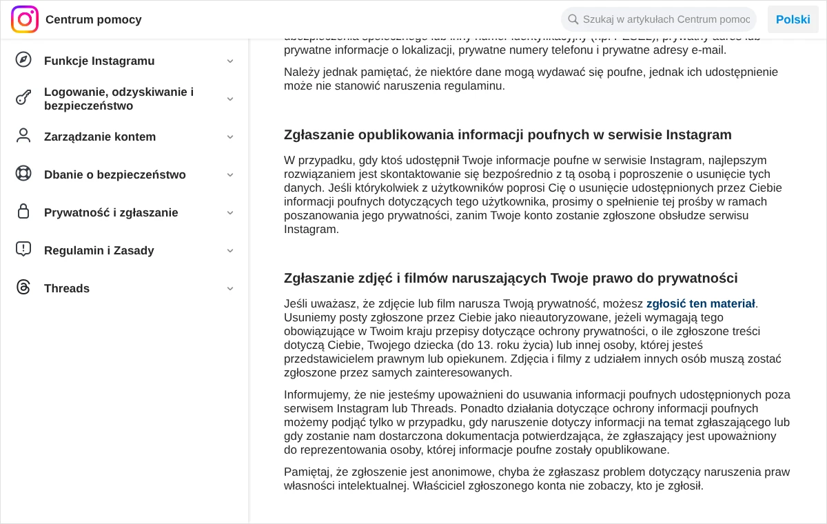 Fragment Centrum pomocy Instagrama z częścią o zgłaszaniu zdjęć i filmów naruszających prawo do prywatności oraz o tym, kogo może dotyczyć zgłoszenie