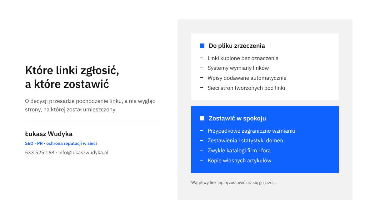 Infografika z dwiema kolumnami: linki kwalifikujące się do pliku zrzeczenia oraz linki, które należy zostawić bez reakcji