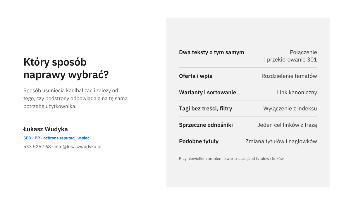 Sposoby usuwania kanibalizacji słów kluczowych dopasowane do sytuacji: przekierowanie 301, przepisanie treści, link kanoniczny, noindex, linki, tytuły.
