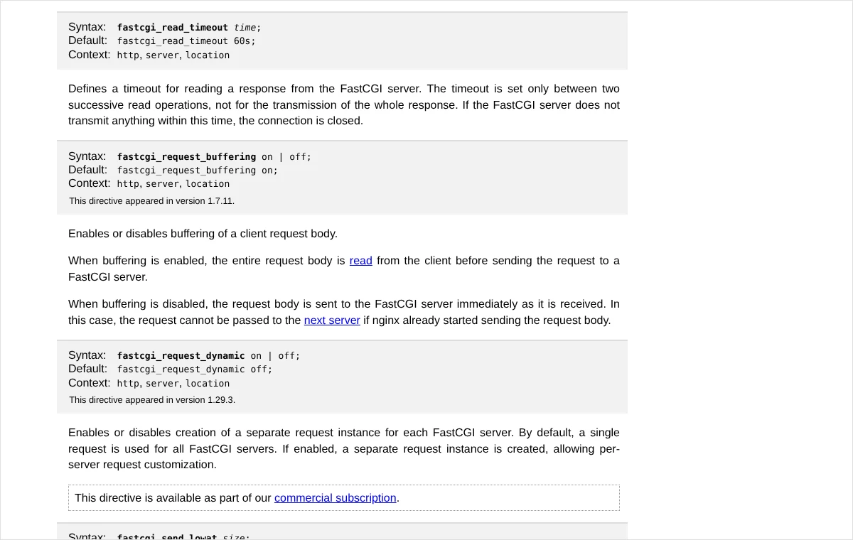Fragment dokumentacji nginx z opisem dyrektywy fastcgi_read_timeout, jej składnią i wartością domyślną 60 sekund