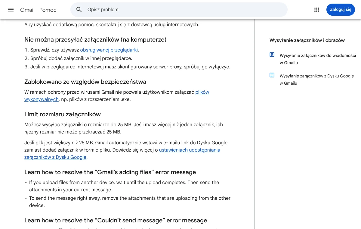 Zrzut strony pomocy Gmaila z sekcją o limicie rozmiaru załączników oraz informacją o zastępowaniu większych plików linkiem do Dysku Google