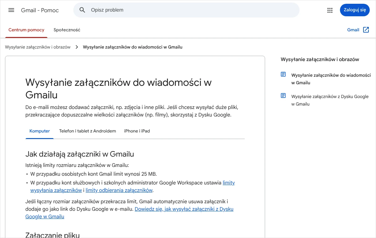 Zrzut strony pomocy Gmaila o wysyłaniu załączników z informacją o limicie 25 MB dla kont osobistych i zamianie większych plików na link do Dysku Google.