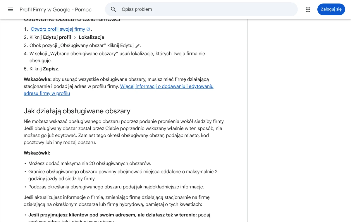 Zrzut strony pomocy Profilu Firmy w Google z krokami edycji obsługiwanego obszaru oraz wskazówkami o limicie 20 obszarów i 2 godzinach jazdy.