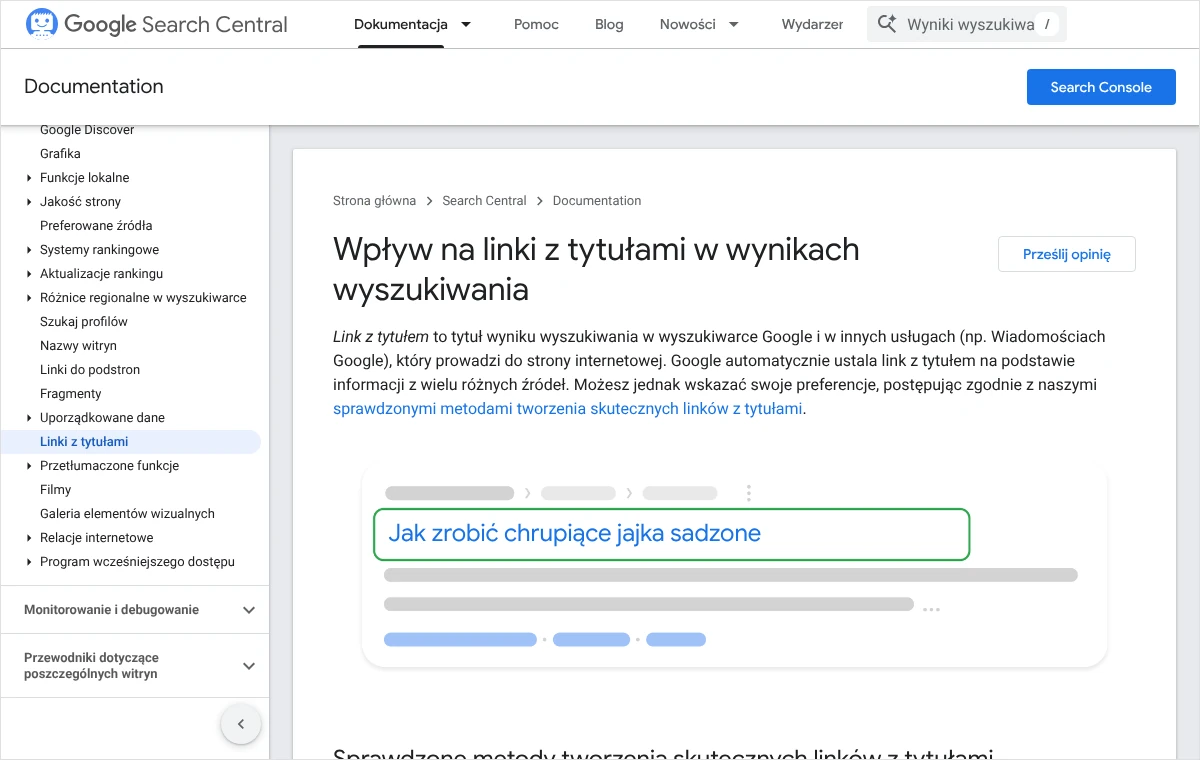 Strona dokumentacji Google Search Central o linkach z tytułami, z rysunkiem wyniku wyszukiwania, na którym zaznaczono klikalny tytuł