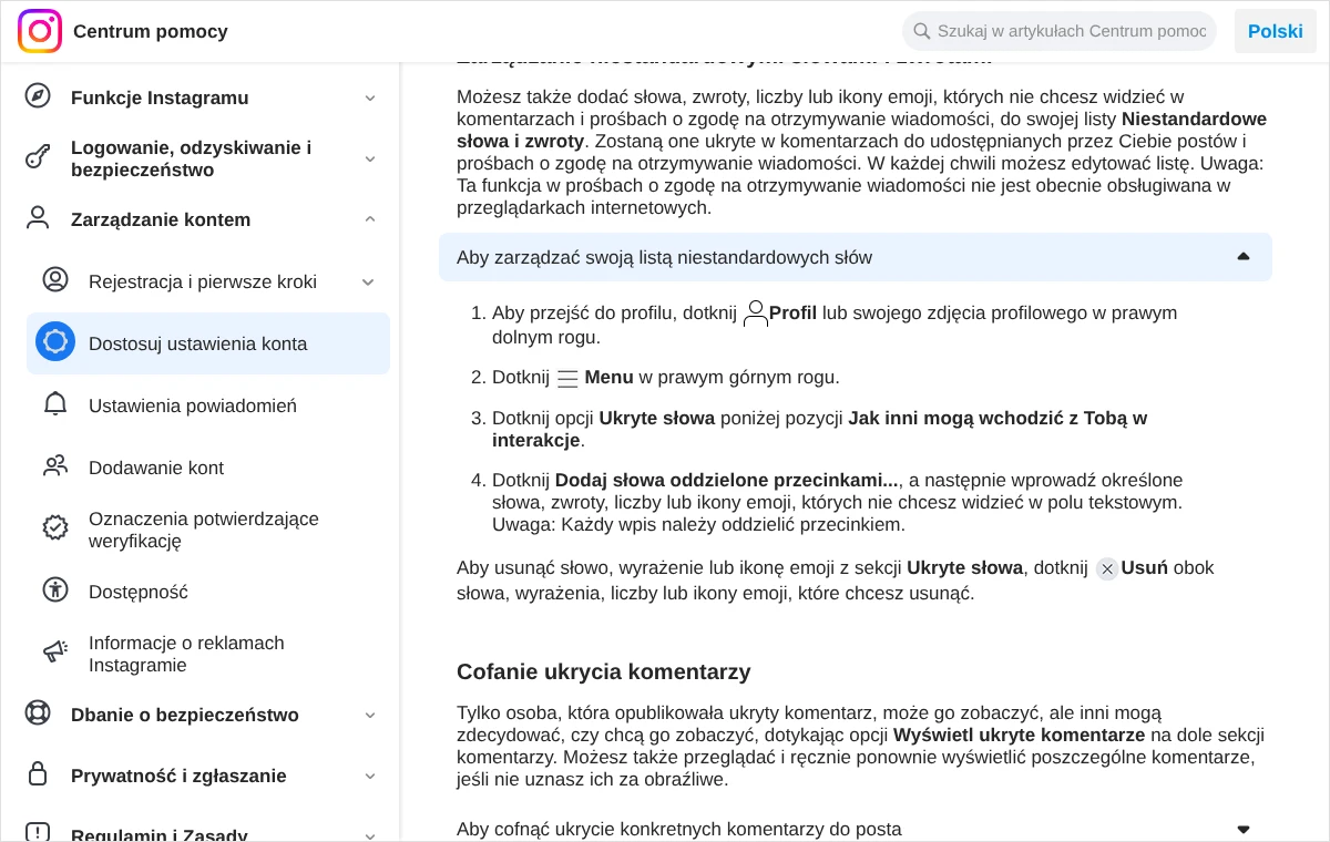 Fragment Centrum pomocy Instagrama z krokami dodawania własnych słów, zwrotów, liczb i emoji w ustawieniu Ukryte słowa