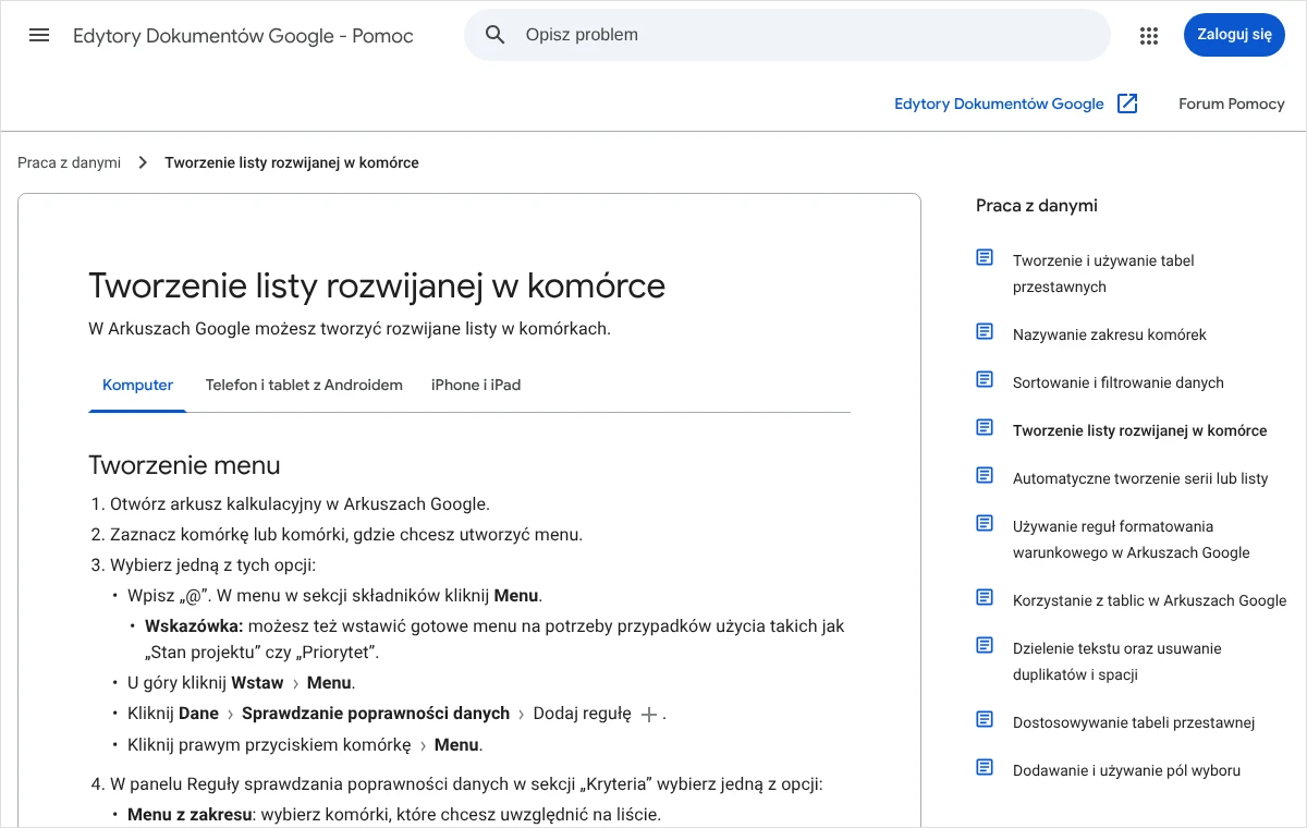 Strona pomocy Edytorów Dokumentów Google z czynnościami tworzenia listy rozwijanej w komórce: menu Wstaw, pozycja Menu i sprawdzanie poprawności danych