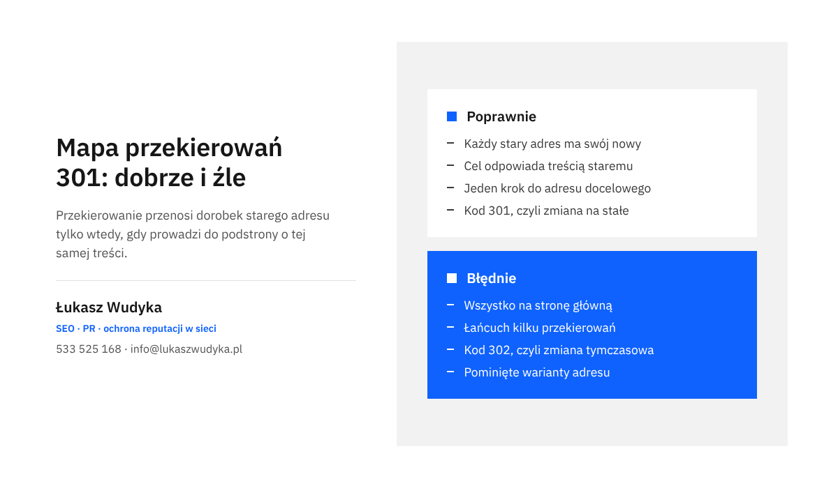Porównanie poprawnej i błędnej mapy przekierowań 301 przy migracji strony: adres po adresie zamiast kierowania wszystkiego na stronę główną.