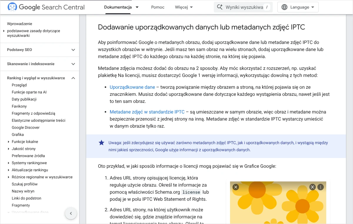 Zrzut dokumentacji Google Search Central z opisem dodawania metadanych zdjęć IPTC, które są zapisywane w samym obrazie i przenoszone razem z nim.