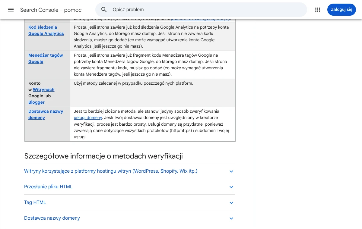 Fragment pomocy Search Console z tabelą metod weryfikacji, w której metoda Dostawca nazwy domeny jest opisana jako jedyny sposób zweryfikowania usługi domeny.