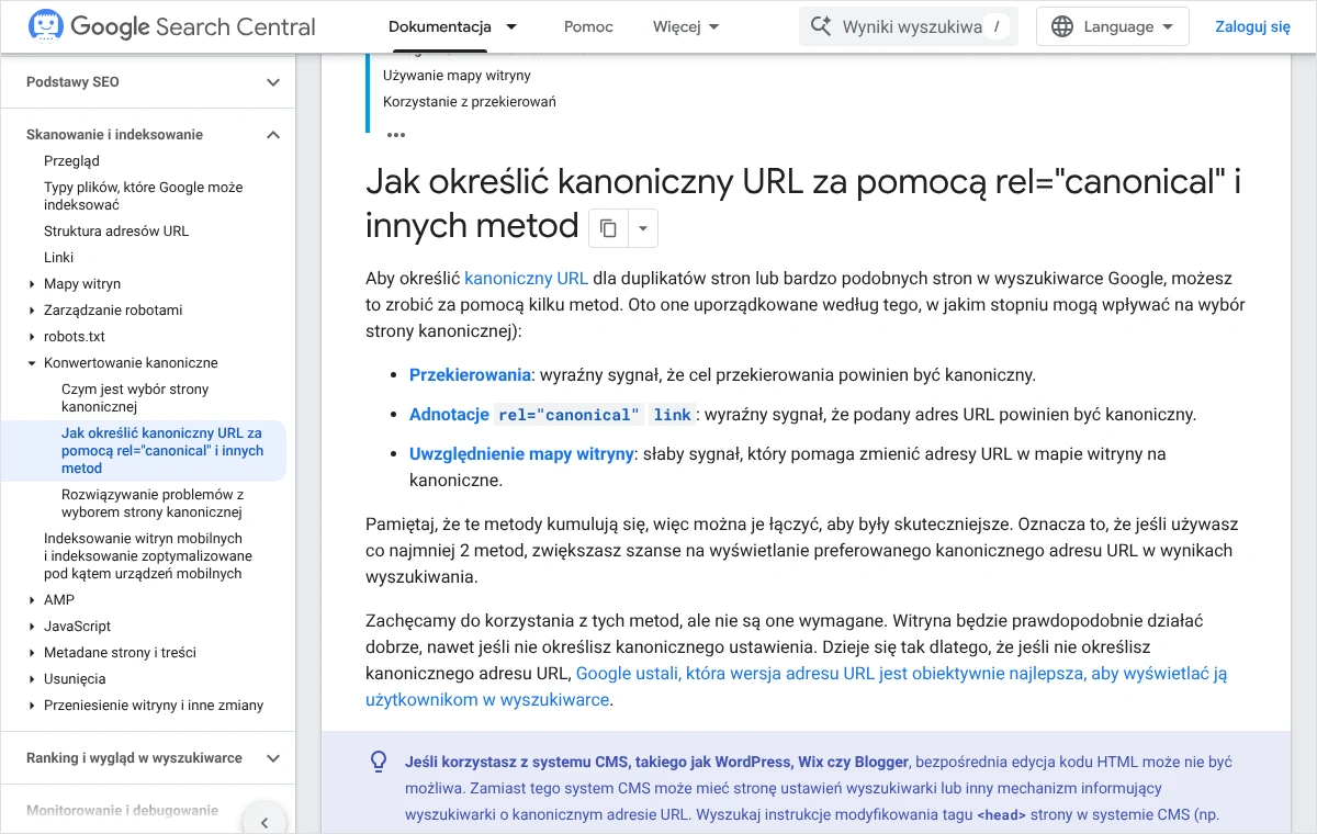 Fragment dokumentacji Google z listą metod wskazania kanonicznego adresu URL: przekierowania, adnotacje rel canonical oraz uwzględnienie mapy witryny