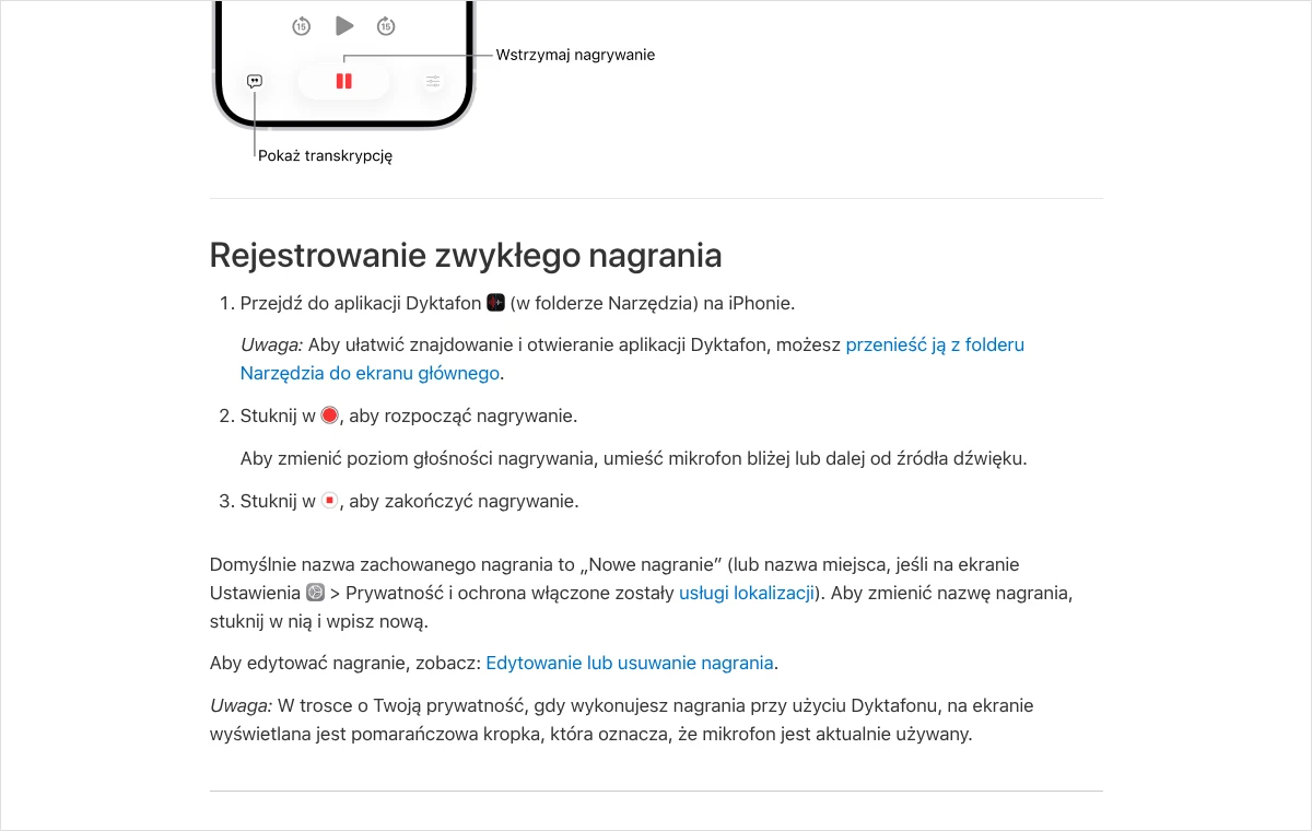 Fragment pomocy Apple opisujący rejestrowanie zwykłego nagrania w aplikacji Dyktafon na iPhonie: otwarcie aplikacji, rozpoczęcie i zakończenie nagrywania