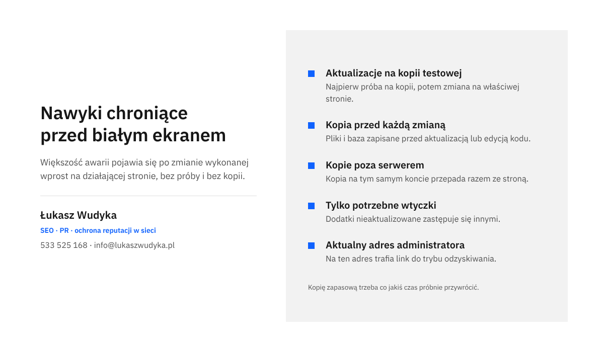 Infografika z listą nawyków, które ograniczają ryzyko białego ekranu w WordPressie: kopia testowa, kopie zapasowe, porządek we wtyczkach.