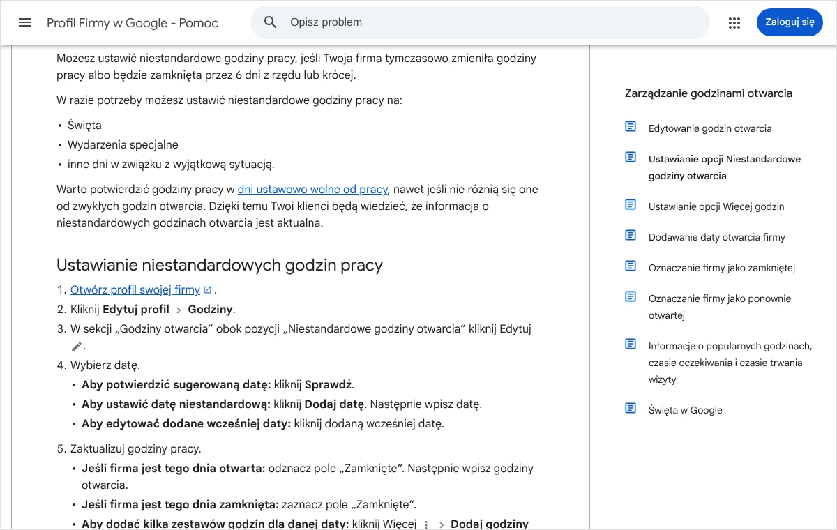 Fragment strony pomocy Profilu Firmy w Google z kolejnymi krokami ustawiania niestandardowych godzin otwarcia na wybraną datę