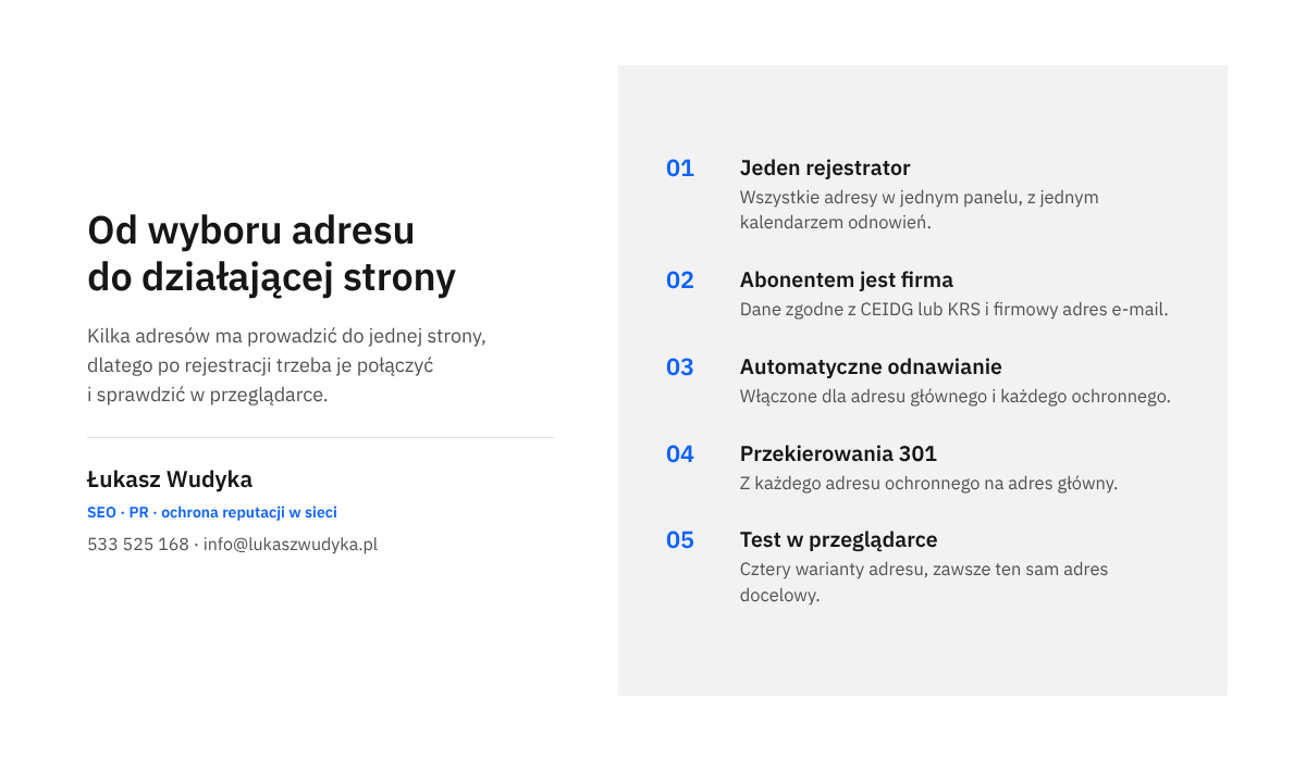 Infografika z pięcioma krokami: jeden rejestrator, rejestracja na firmę, automatyczne odnawianie, przekierowania 301 oraz test adresów.