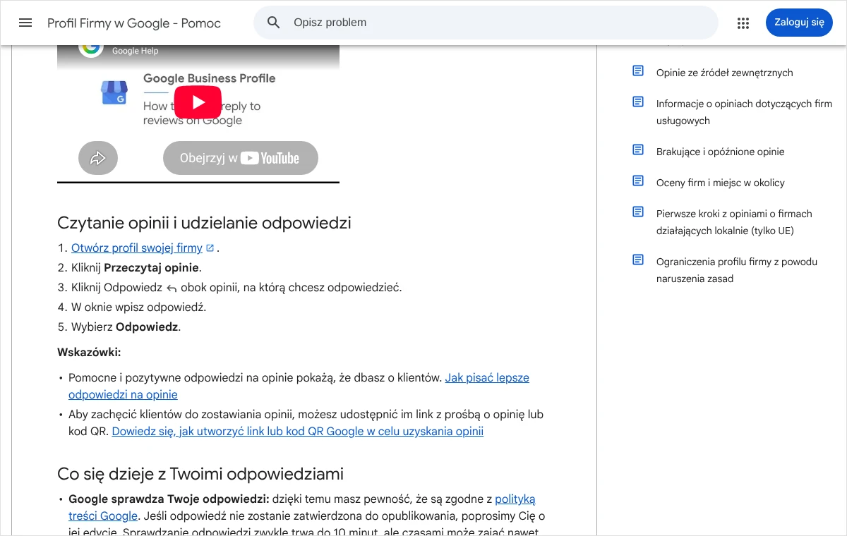 Zrzut strony pomocy Profilu Firmy w Google z sekcją o czytaniu opinii i udzielaniu odpowiedzi oraz listą pięciu kolejnych czynności