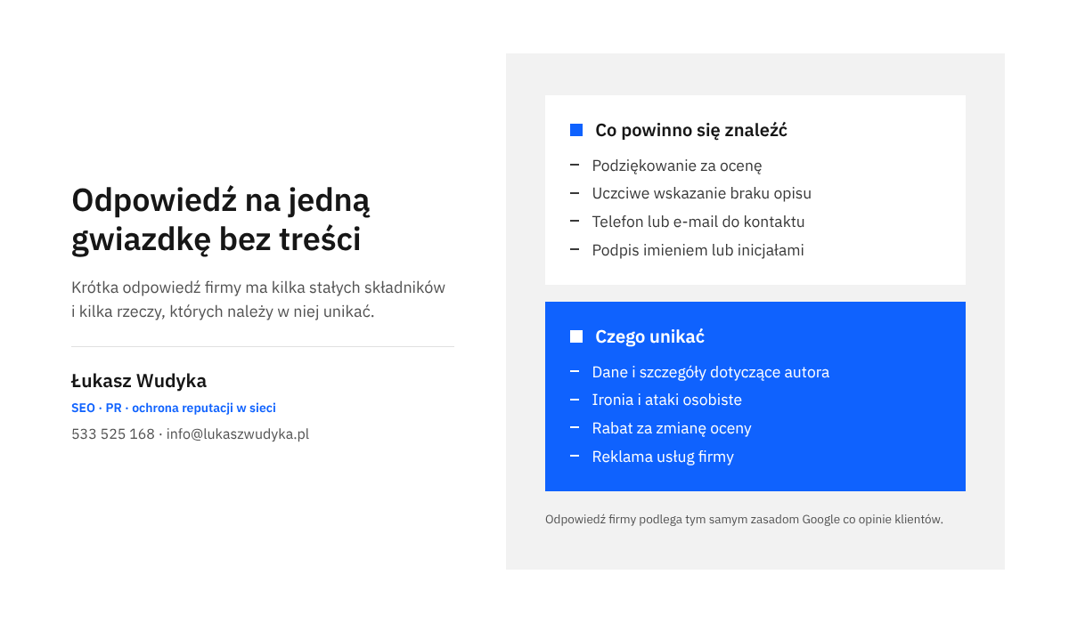 Infografika zestawiająca składniki dobrej odpowiedzi na ocenę bez komentarza z błędami, których firma powinna unikać.