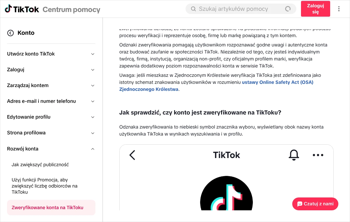 Zrzut strony Centrum pomocy TikToka z artykułem o zweryfikowanych kontach: wyjaśnienie, że odznaka to niebieski znacznik wyboru obok nazwy konta.